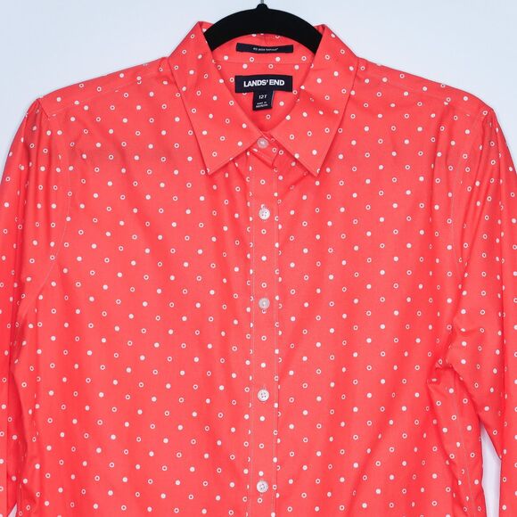 Lands' End Womens Supima Cotton Button Up Size 12T Coral White Polka Dots - Picture 5 of 7